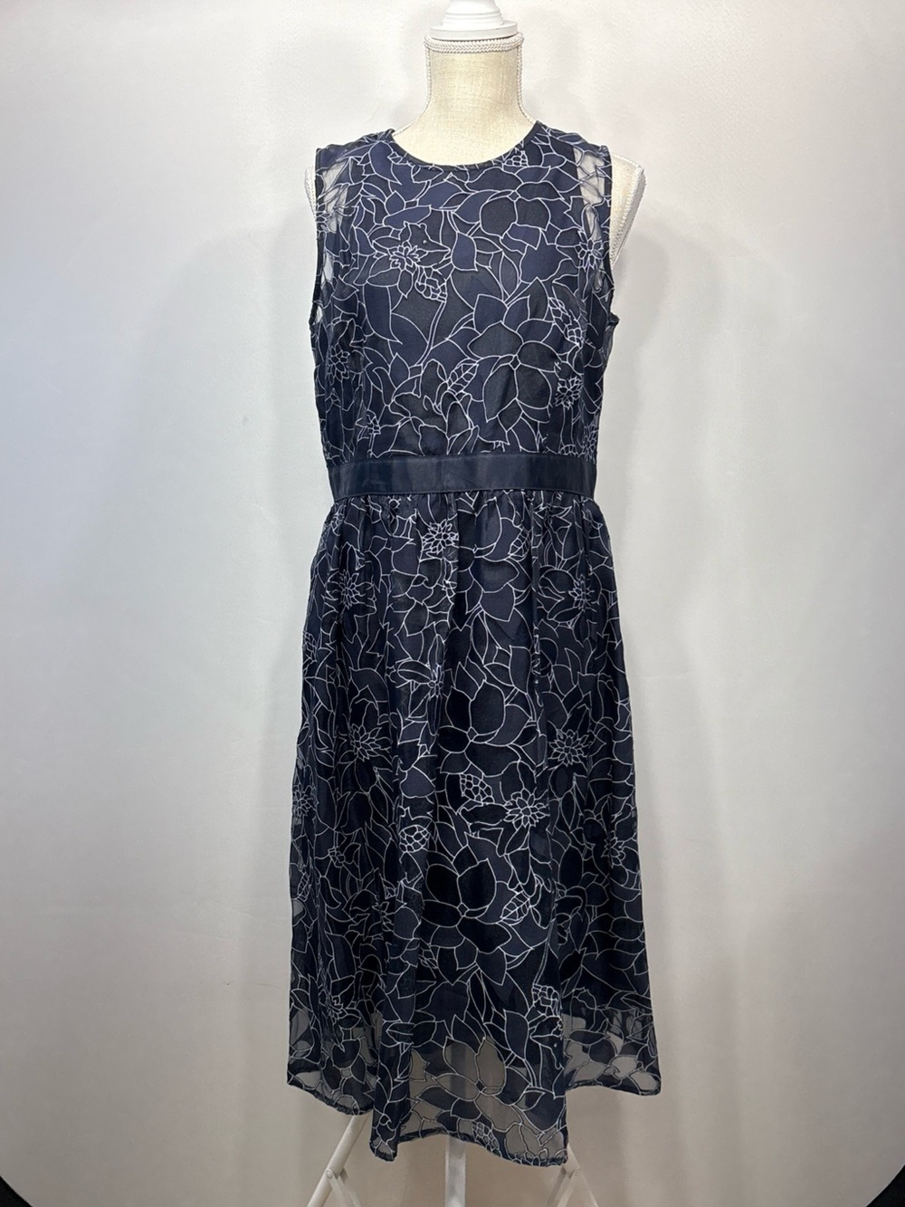 Heidi Weisel Blue Floral Midi Cocktail Dress Sheer Lined Flared Sleeveless 14